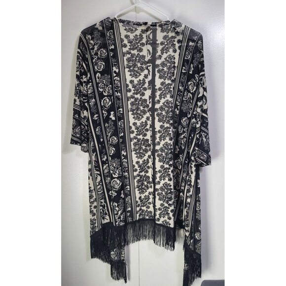 EMBER Women's LG Open Front Cardigan Cover Up Fringe Floral Black Cream Boho - Picture 2 of 5